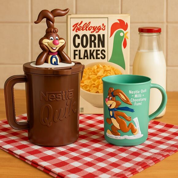 Vintage 1980s Nestlé Quik Bunny Chocolate Milk Mixer Pitcher & Turquoise 3D Mug - Picture 1 of 11
